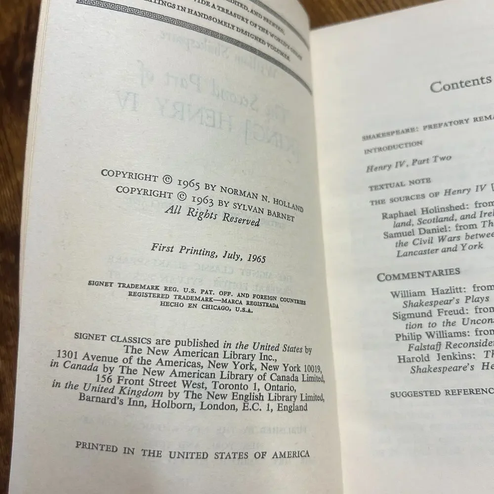 1965 William Shakespeare, Henry IV Part Two (Classic Book) Signet Paperback PB